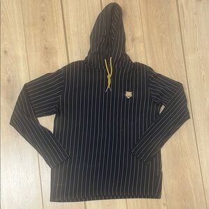 Denim & Flower Black Hoodie with Pinstripe Design